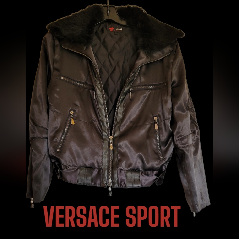 SALE Vintage Versace Sport Satin Bomber Jacket Removable Rabbit Fur Collar!